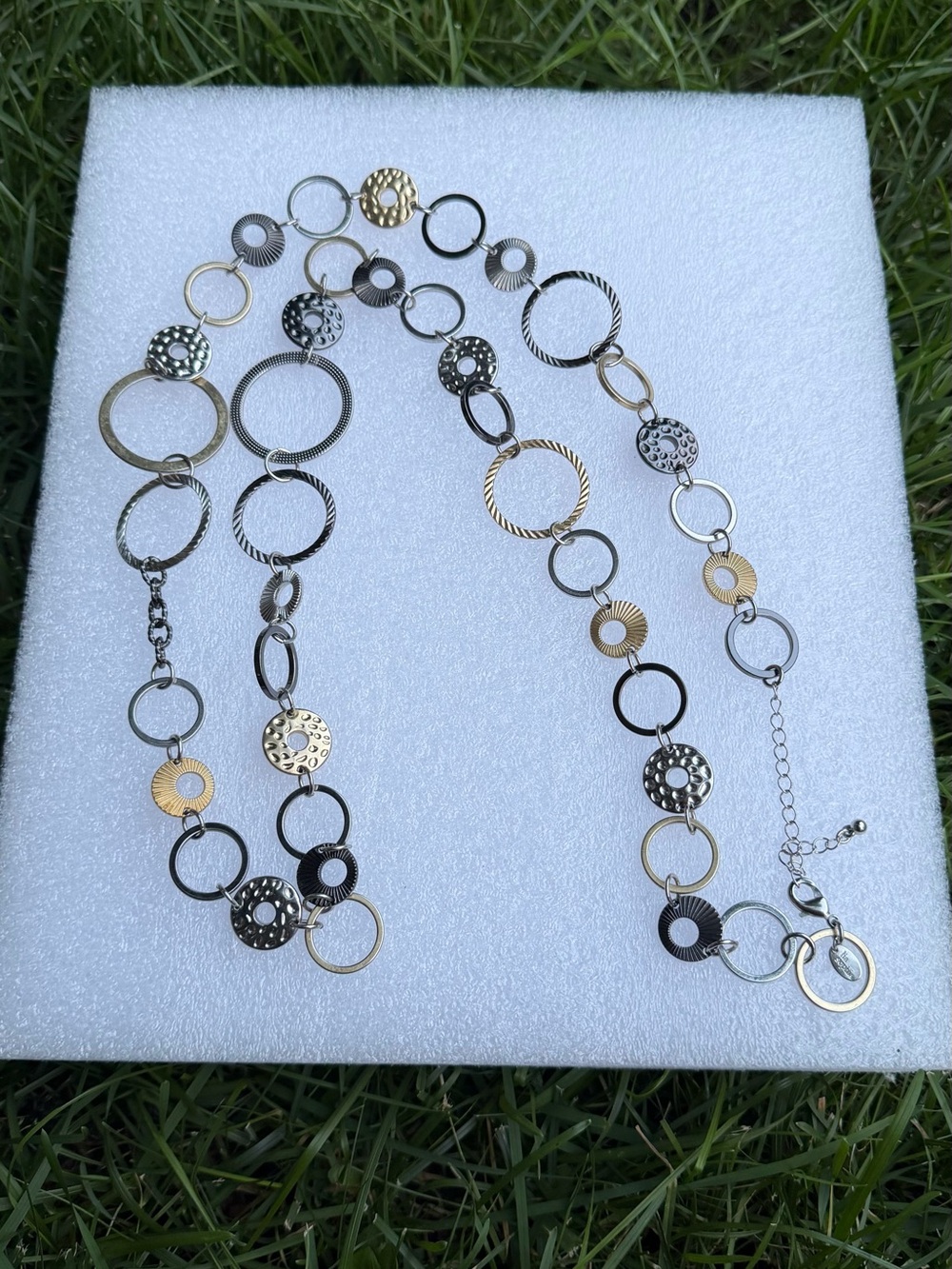 Lia Sophia Tri Tone Metal Circle Ring Long Station Necklace Convertible